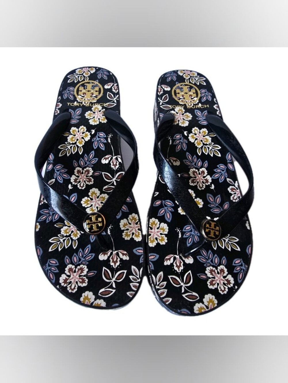 Tory Burch Black Floral Logo Thong Sandals